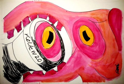 Octopus and lens. Watercolor and ink on paper. Credit: Sarah Frias-Torres