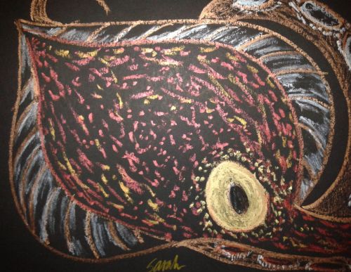 Imaginary (or yet to be discovered) deep sea octopus. Iridescent oil pastels on paper. Credit: Sarah Frias-Torres