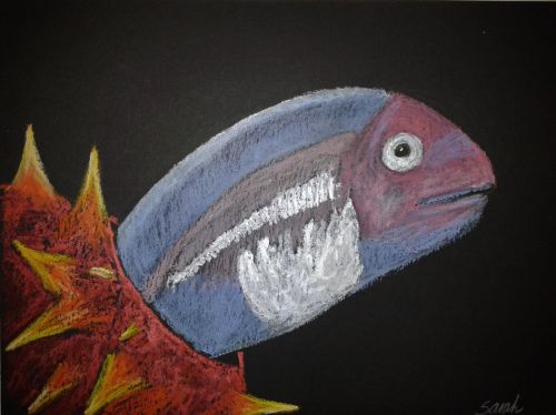 Pearlfish hiding in a sea cucumber. Iridescent oil pastels. Credit: Sarah Frias-torres